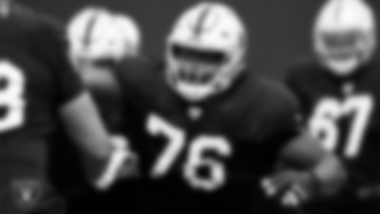 Las Vegas Raiders guard John Simpson (76) during practice at Intermountain Healthcare Performance Center.