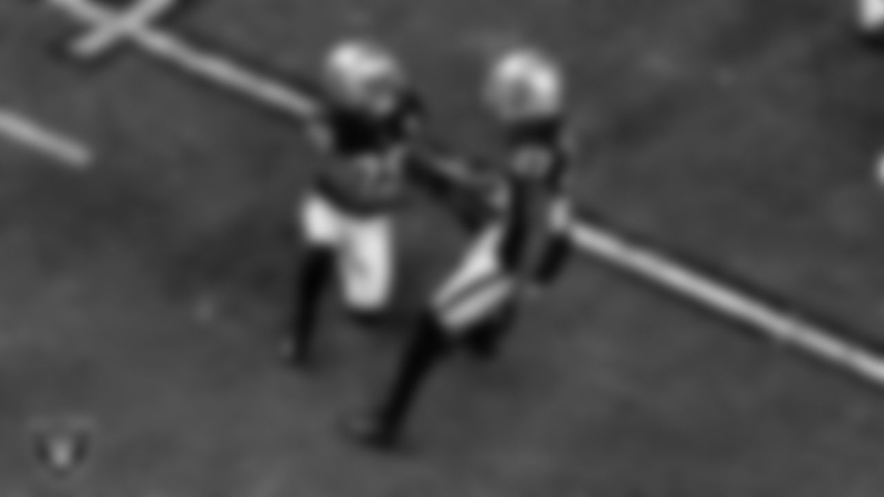 Las Vegas Raiders safety Lamarcus Joyner (29) and cornerback Trayvon Mullen (27) during the regular season home game against the Miami Dolphins.