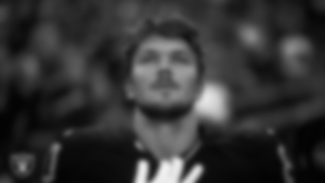 Las Vegas Raiders tight end Jesper Horsted (80) during the national anthem before the preseason home game against the Minnesota Vikings at Allegiant Stadium.