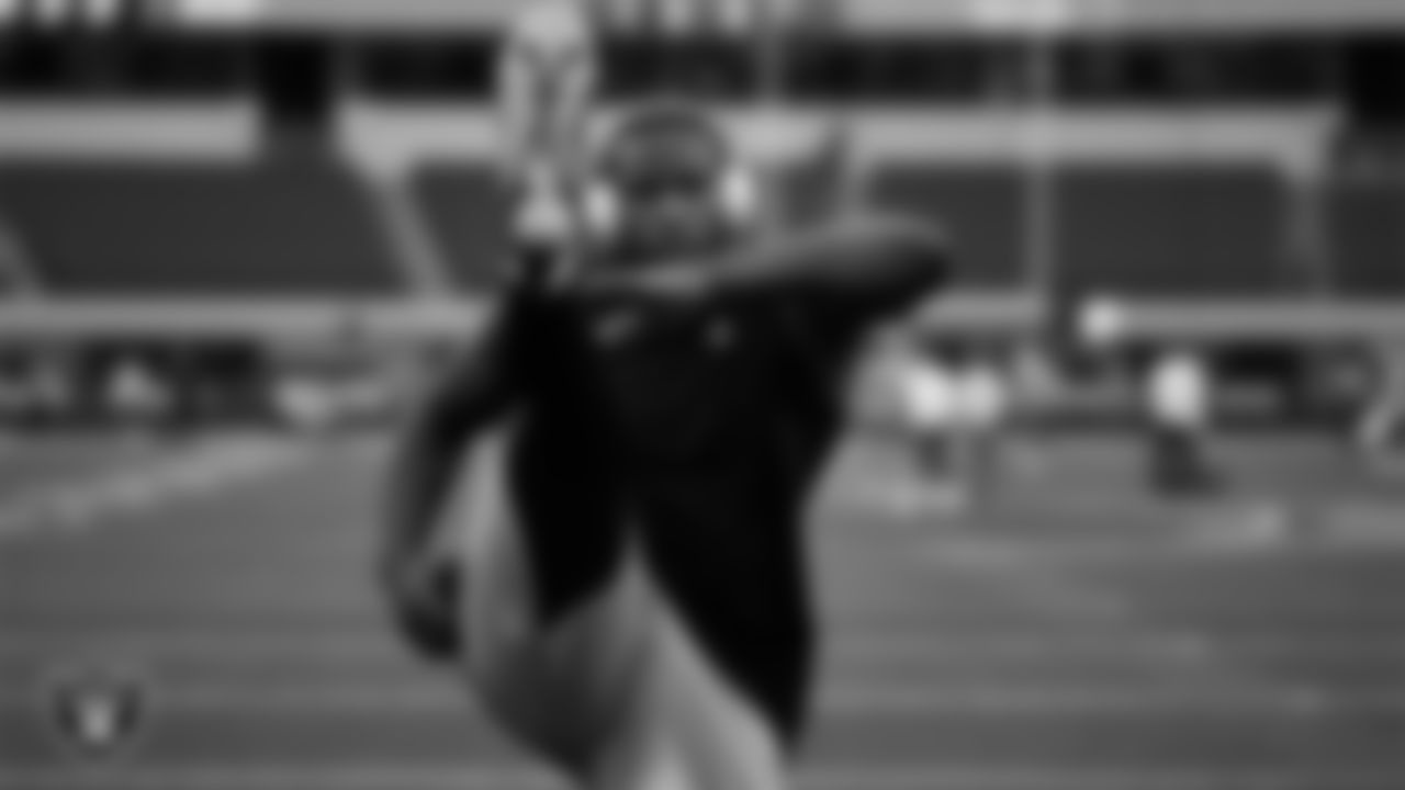 Las Vegas Raiders defensive end Clelin Ferrell (99) warming up before the regular season away game against the Los Angeles Chargers at SoFi Stadium.