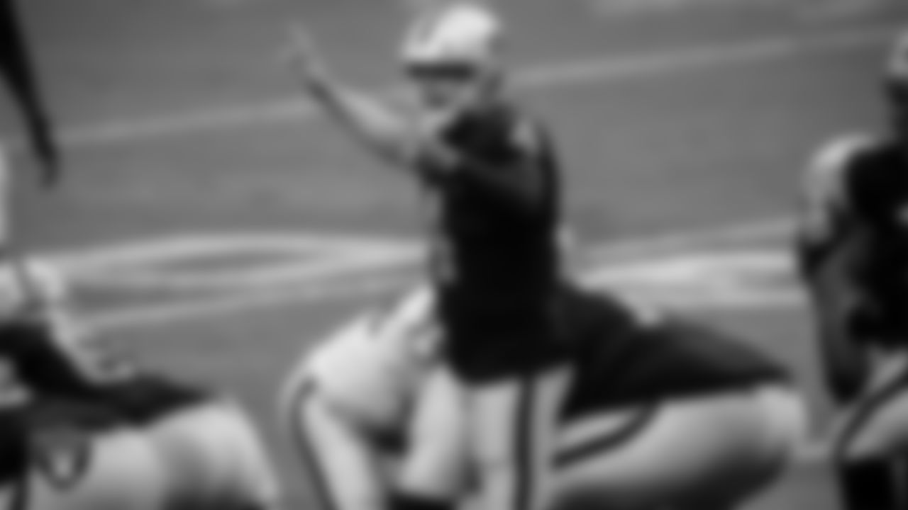 Las Vegas Raiders quarterback Derek Carr (4) on the field for practice at 2020 Training Camp.