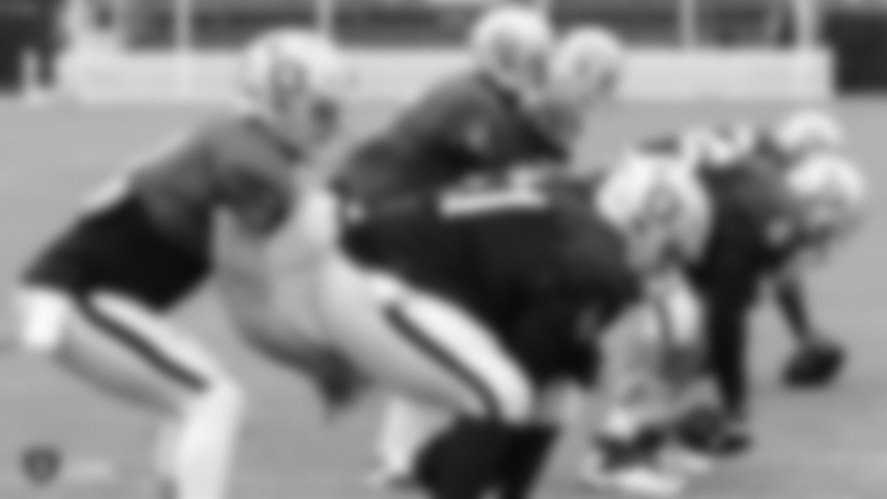 Oakland Raiders quarterbacks and centers on the field for practice at 2018 Training Camp at The Oakland Raiders Napa Valley Training Complex, Monday, August 13, 2018, in Napa, California.