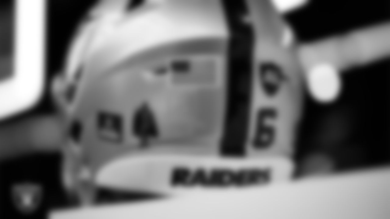 Las Vegas Raiders punter AJ Cole's (6) helmet in the locker room prior to the Raiders' arrival for their regular season home game against the New England Patriots at Allegiant Stadium.