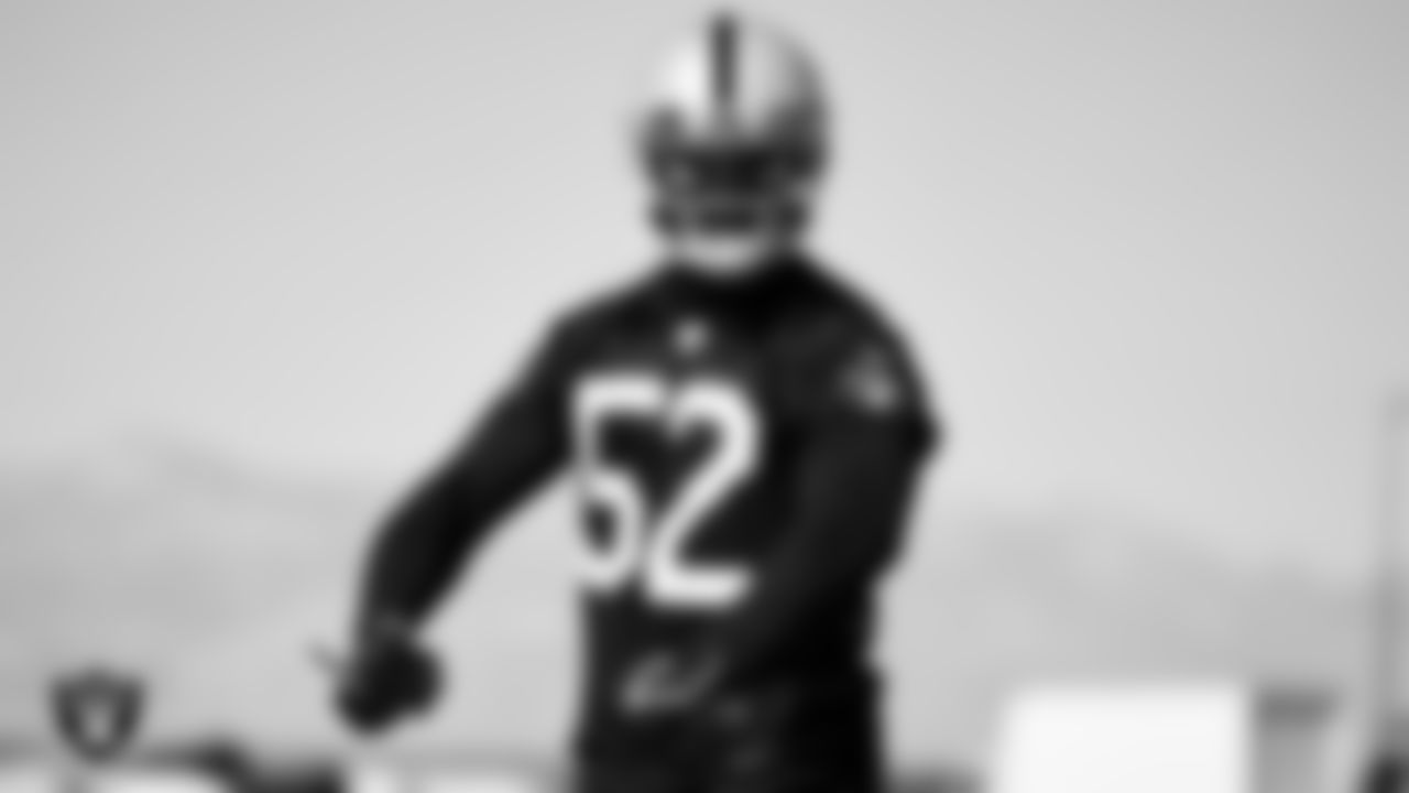 Las Vegas Raiders linebacker Denzel Perryman (52) during practice at Intermountain Healthcare Performance Center.