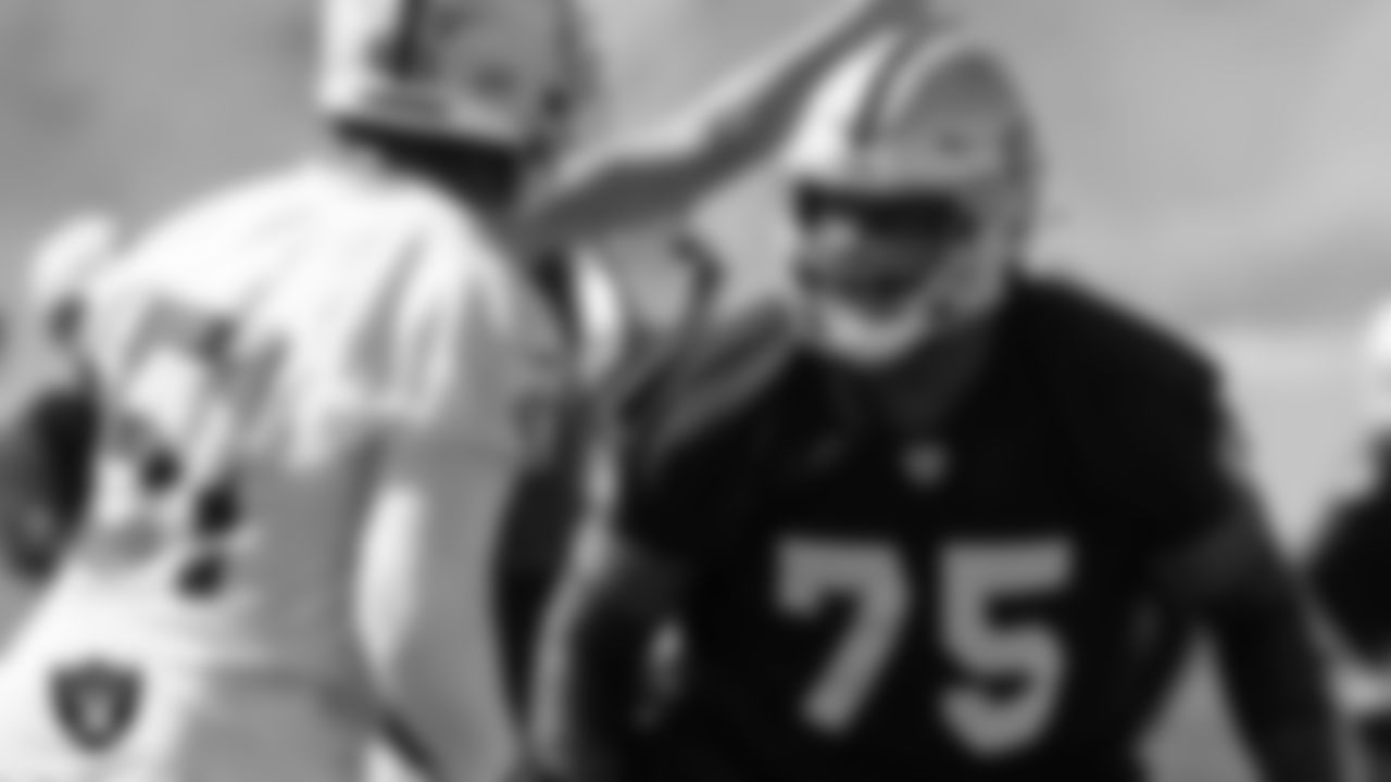 Las Vegas Raiders tackle Brandon Parker (75) during practice at Intermountain Healthcare Performance Center.