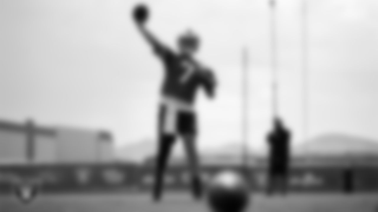 Las Vegas Raiders quarterback Brian Hoyer (7) on the field for practice at 2023 Training Camp at Intermountain Health Performance Center.