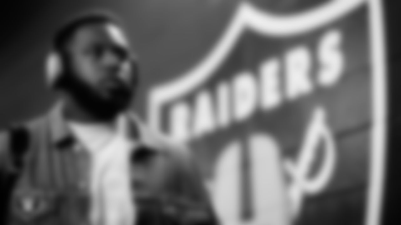 Las Vegas Raiders tackle Thayer Munford Jr. (77) arrives to the regular season home game against the Green Bay Packers at Allegiant Stadium.