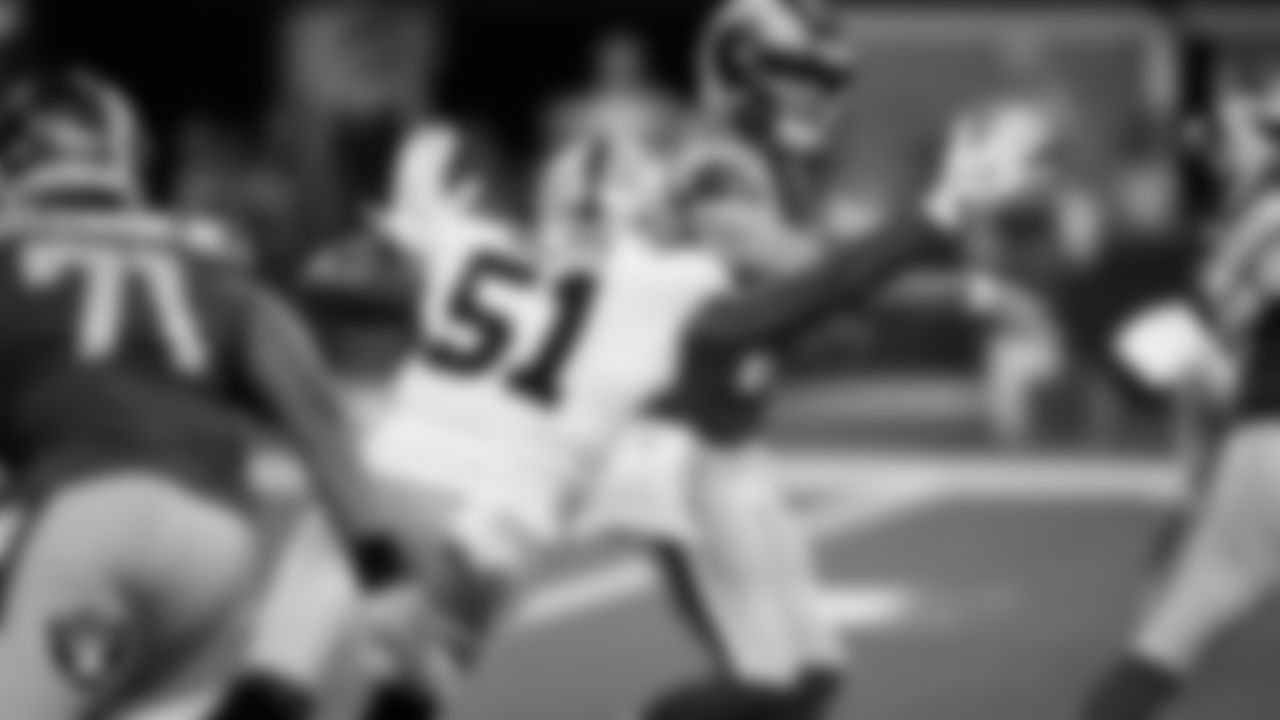 Las Vegas Raiders defensive end Malcolm Koonce (51) pressures the quarterback during the preseason away game against the Los Angeles Rams at Sofi Stadium.