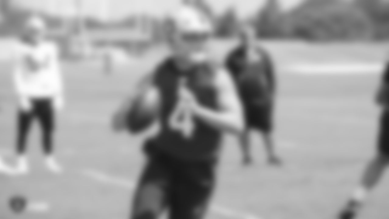 Oakland Raiders quarterback Derek Carr (4) on the field for practice at the Oakland Raiders Practice Facility, Monday, September 3, 2018, in Alameda, California.