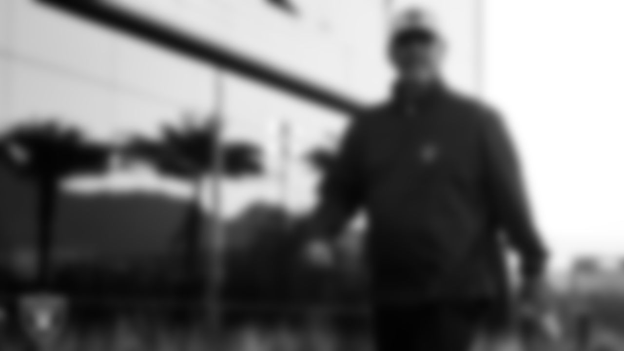 Las Vegas Raiders defensive coordinator Gus Bradley arrives for 2021 Training Camp.