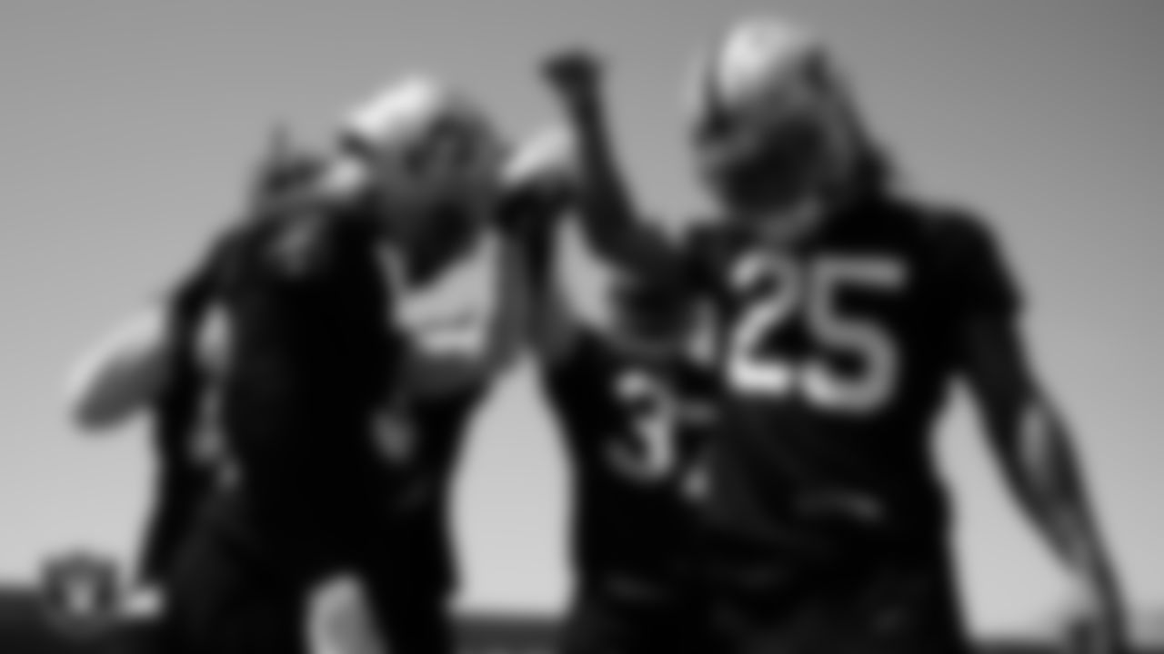 Las Vegas Raiders safety Dallin Leavitt (32), safety Tyree Gillespie (37) and safety Tre'von Moehrig (25) at an Organized Team Activity (OTA).