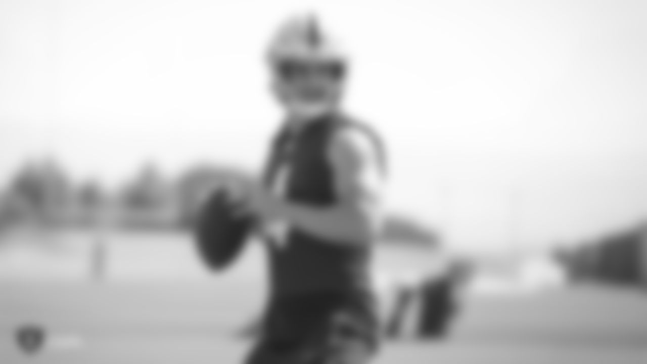 Raiders quarterback Derek Carr (4) at an Organized Team Activity (OTA) at the Raiders Practice Facility in Alameda, Calif.