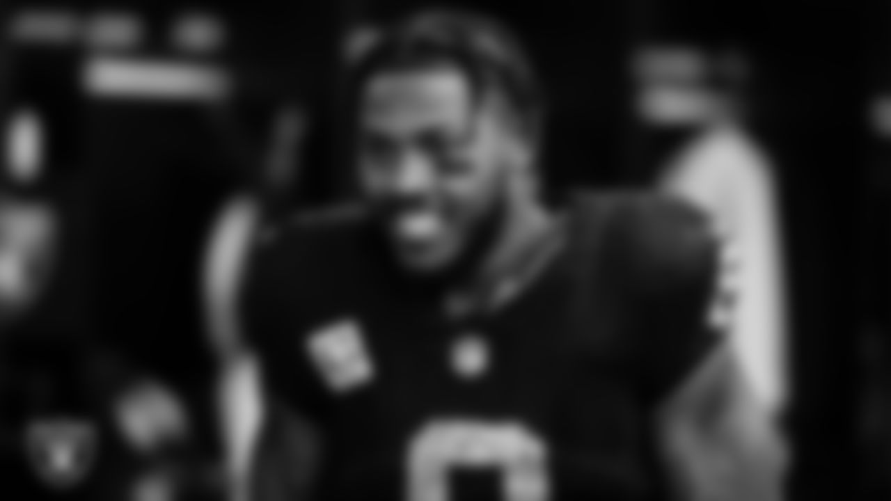 Las Vegas Raiders running back Josh Jacobs (8) in the locker room after the regular season home game against the New England Patriots at Allegiant Stadium.