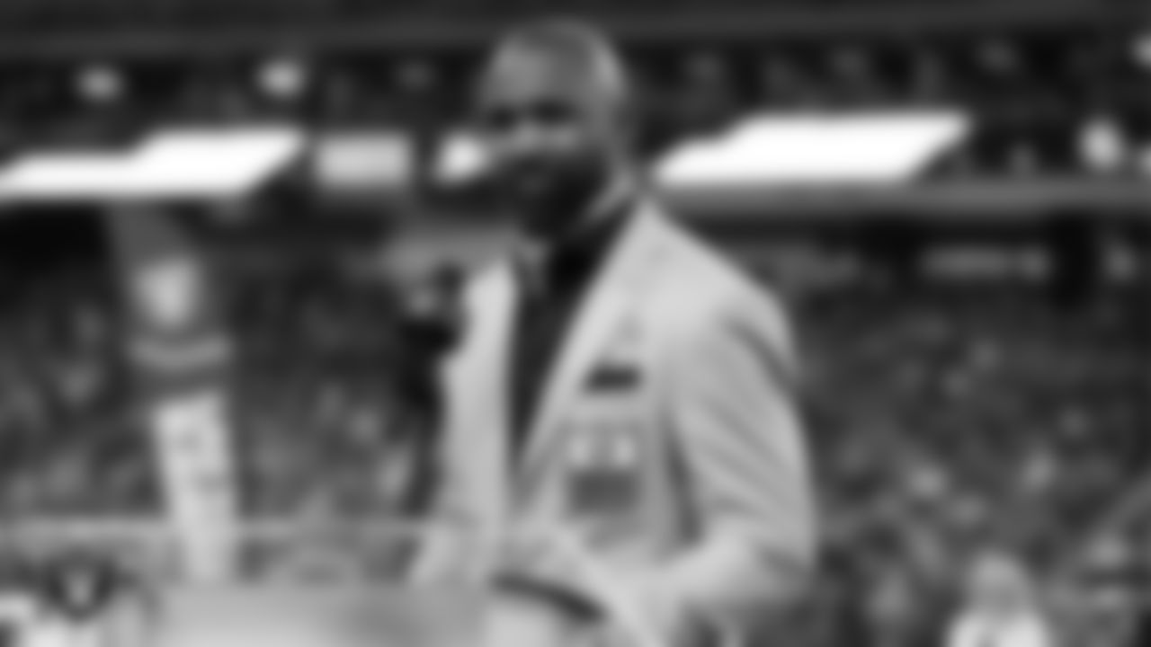 Las Vegas Raiders Hall of Famer, Charles Woodson, speaks after being presented with the Ring of Excellence before the Las Vegas Raiders regular season home game against the Kansas City Chiefs.