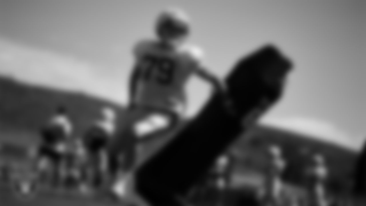 Las Vegas Raiders defensive end George Tarlas (79) on the field for a joint practice with the Los Angeles Rams at 2023 Training Camp at California Lutheran University.
