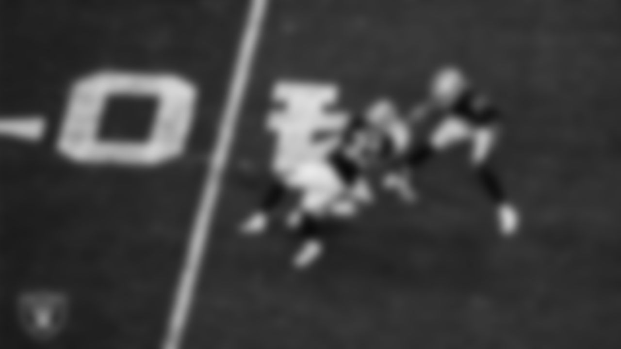 Las Vegas Raiders safety Roderic Teamer (33) breaks up a pass during the regular season home game against the Los Angeles Chargers.