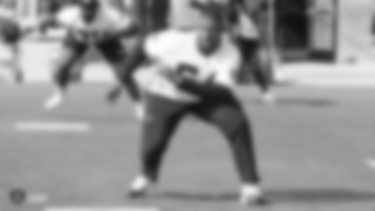 Raiders tackle Jamar McGloster (64) at a workout during phase two of the offseason program at the Raiders Practice Facility, in Alameda, Calif.