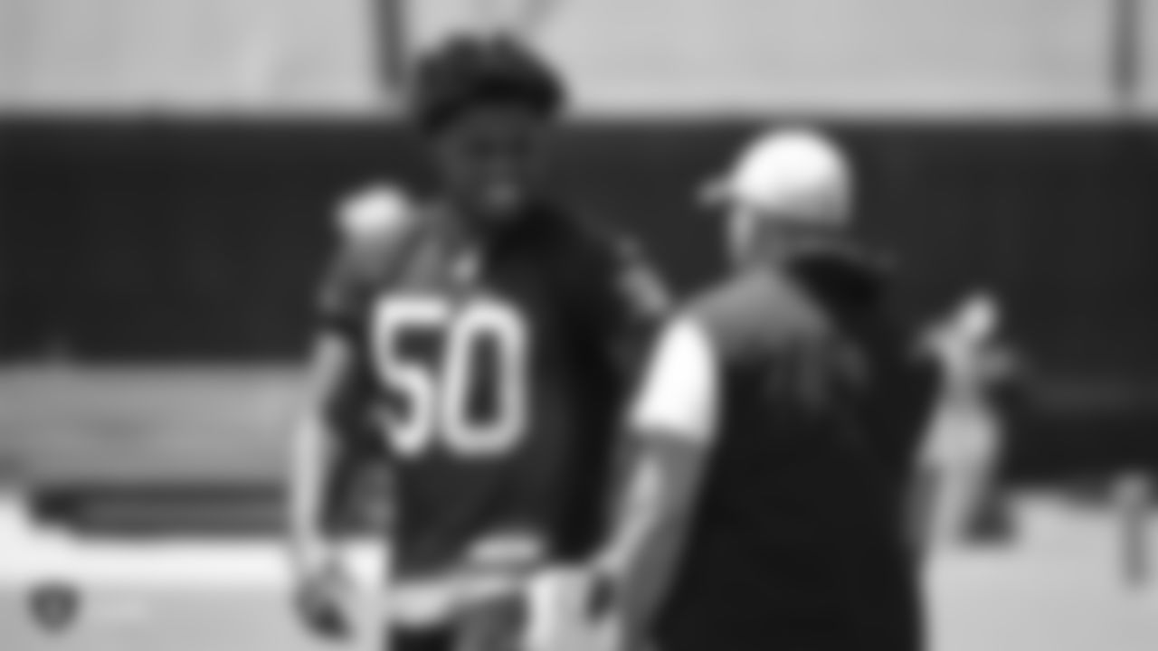 Raiders linebacker Nicholas Morrow (50) and assistant head coach and special teams coordinator Rich Bisaccia at a Mandatory Minicamp at the Raiders Practice Facility in Alameda, Calif.