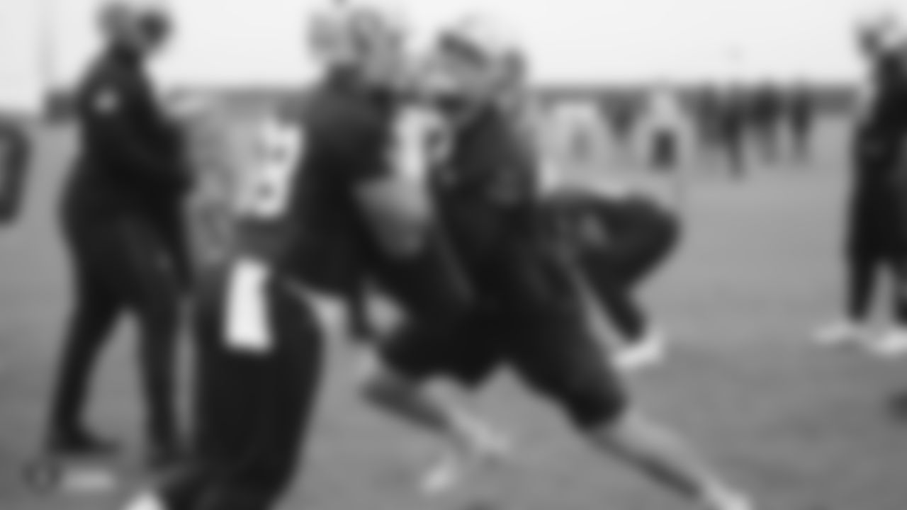 Raiders offensive lineman Andre James (68) and tackle Kolton Miller (74) go through offensive drills during practice.