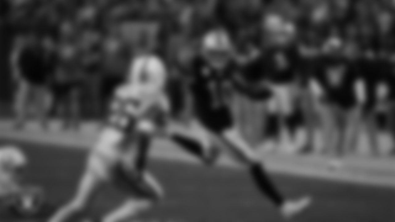 Las Vegas Raiders wide receiver Mack Hollins (10) runs after making a catch during the regular season home game against the Indianapolis Colts at Allegiant Stadium.