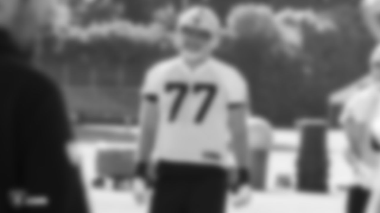 Oakland Raiders offensive tackle Kolton Miller (77) on the field for practice at 2018 Pre-Training Camp at The Oakland Raiders Napa Valley Training Complex, Wednesday, July 25, 2018, in Napa, California.