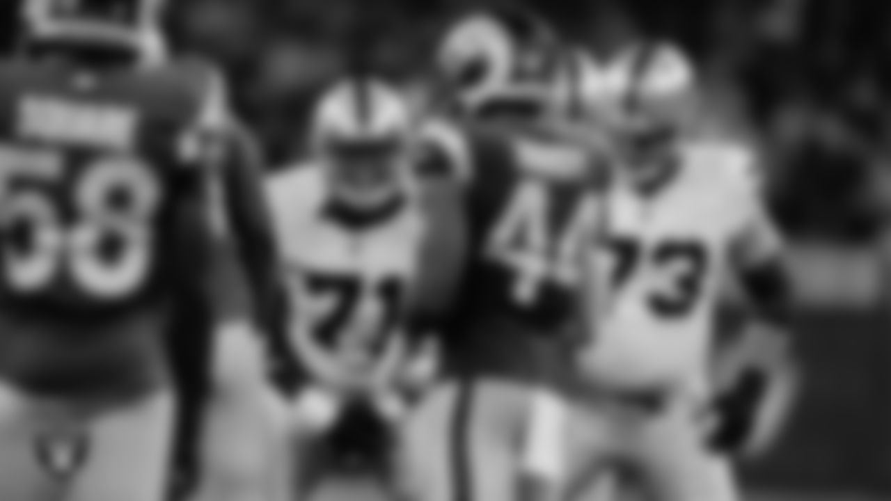 Las Vegas Raiders tackle Justin Herron (71) and offensive lineman Vitaliy Gurman Jr. (73) during the preseason away game against the Los Angeles Rams at Sofi Stadium.