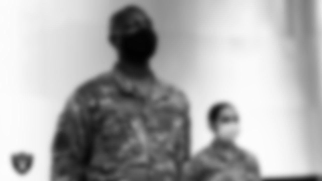 Military Personnel from Nellis & Creech Air Force Base during the national anthem before the Las Vegas Raiders regular season home game against the Denver Broncos.