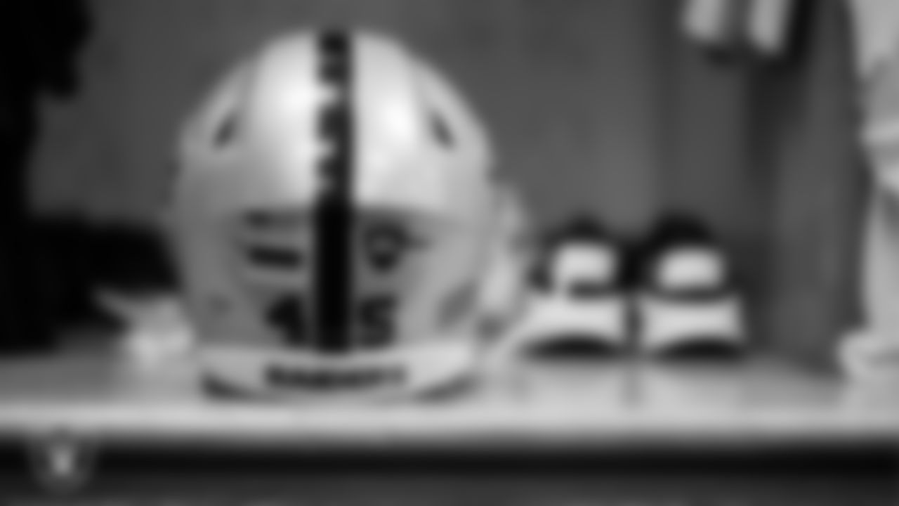 Las Vegas Raiders fullback Jakob Johnson's (45) helmet in the locker room prior to the Las Vegas Raiders' arrival for their regular season away game against the Chicago Bears at Soldier Field.