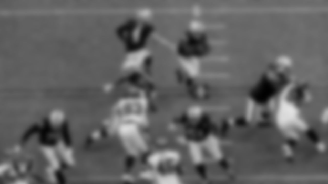 Las Vegas Raiders tackle Sam Young (70), tight end Darren Waller (83), center Rodney Hudson (61), tackle Denzelle Good (71) quarterback Derek Carr (4) and running back Josh Jacobs (28) during the regular season game against the Tampa Bay Buccaneers at Allegiant Stadium.