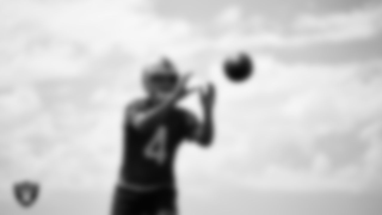 Las Vegas Raiders quarterback Aidan O'Connell (4) on the field for practice at 2023 Training Camp at Intermountain Health Performance Center.