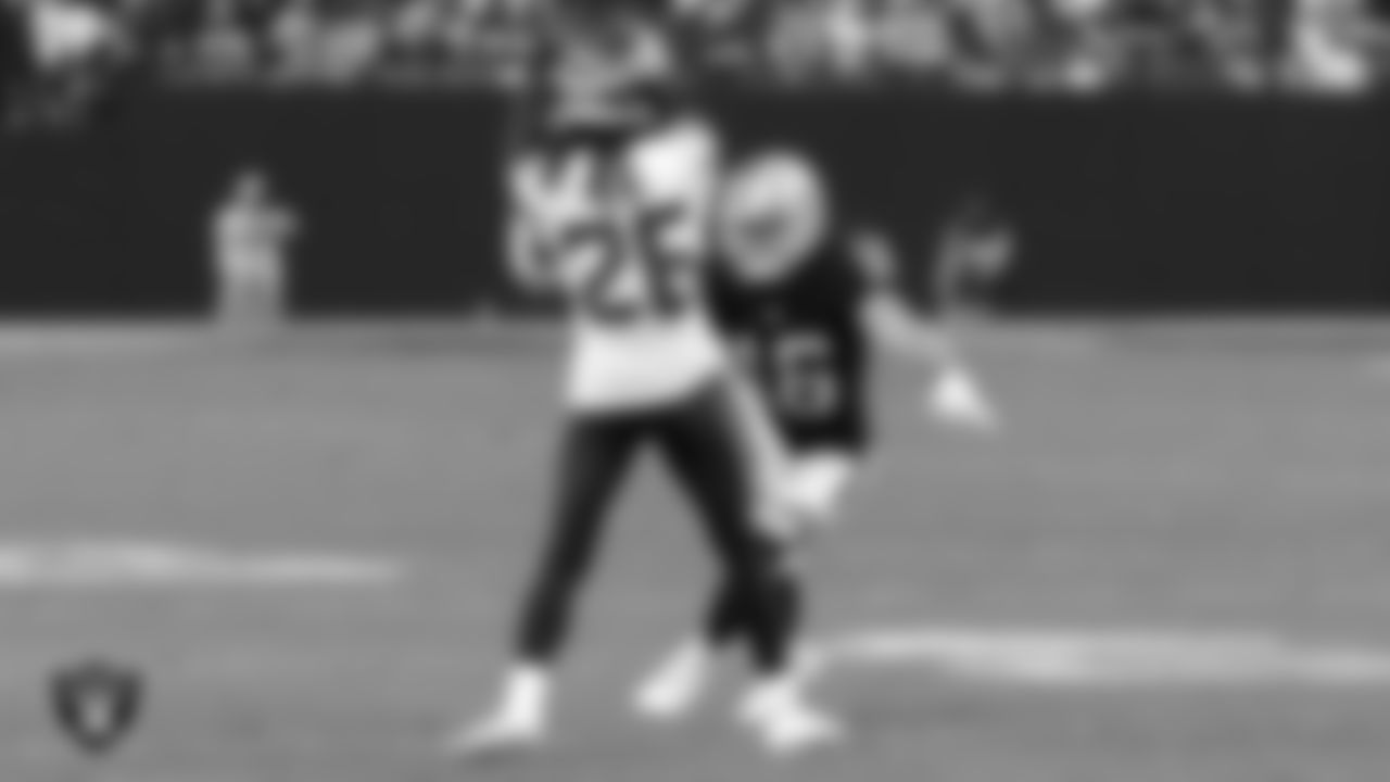 Las Vegas Raiders wide receiver Dillon Stoner (16) goes to make a tackle during the preseason home game against the Seattle Seahawks at Allegiant Stadium.