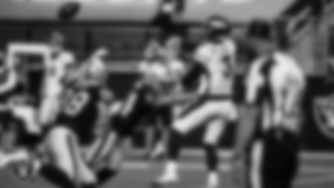 Las Vegas Raiders safety Johnathan Abram (24) pressures the quarterback during the regular season home game against the Denver Broncos.