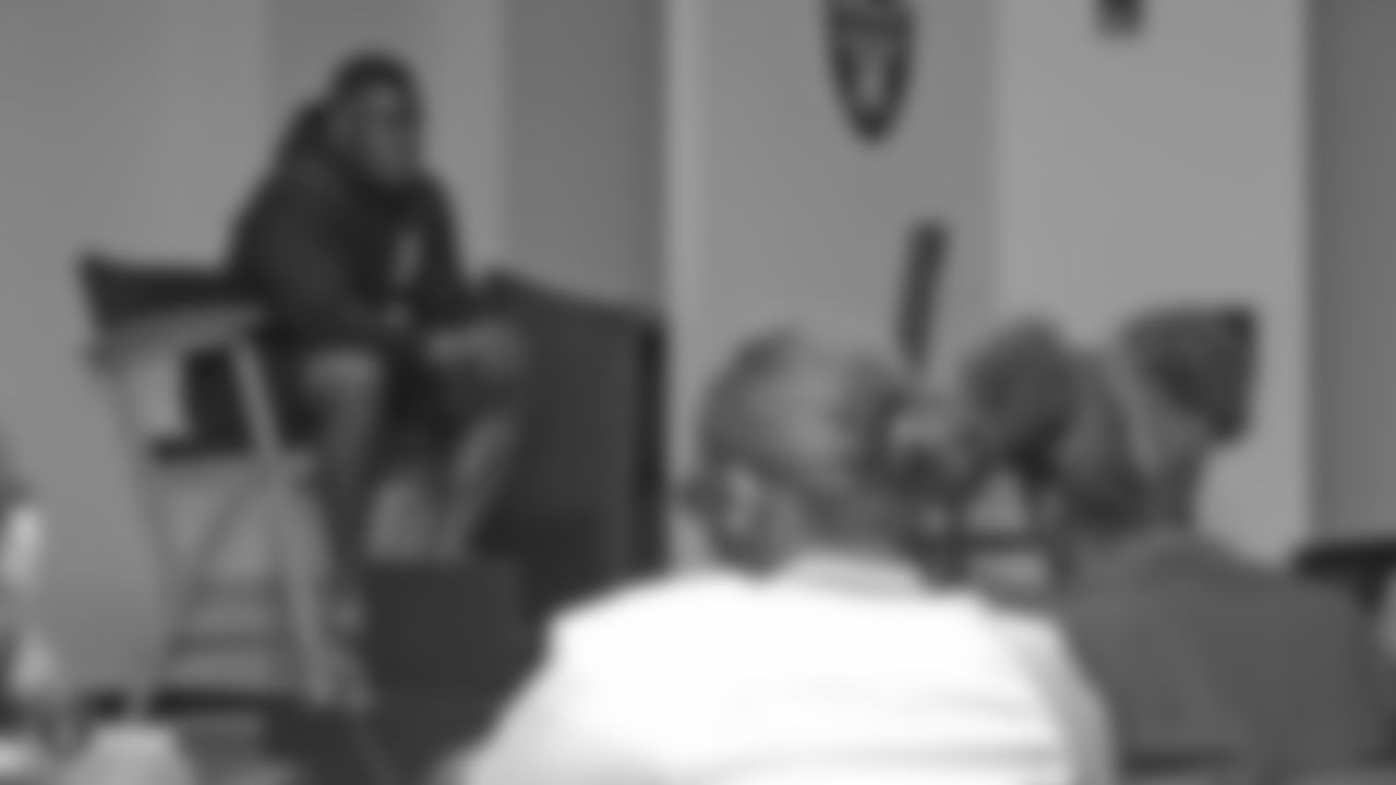 Oakland Raiders running back Jalen Richard gives 20 kids from Youth Alive, an after school program whose mission is to prevent violence and create young leaders, a tour of the Oakland Raiders Practice facility as well as conduct a question and answer session with the group, Monday, June 4, 2018, in Alameda, California.