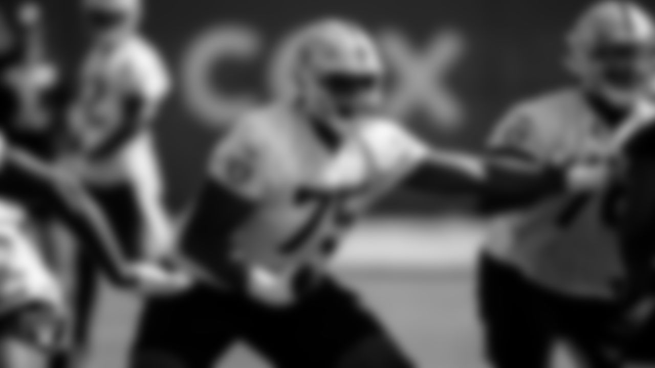 Las Vegas Raiders tackle Brandon Parker (75) during practice.