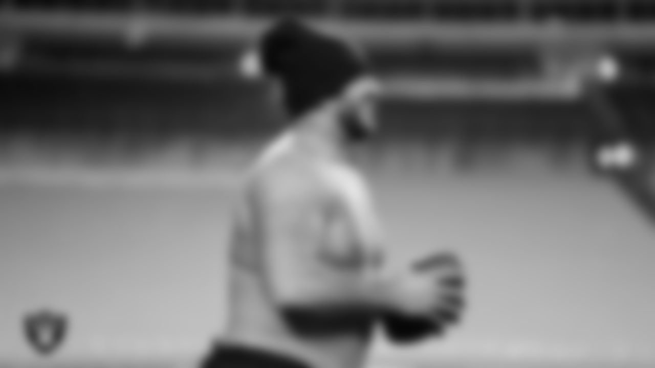 Las Vegas Raiders offensive lineman Hroniss Grasu (65) warming up before the regular season away game against the Pittsburgh Steelers at Acrisure Stadium.