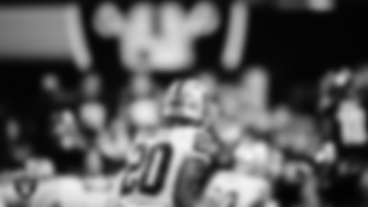 Las Vegas Raiders cornerback Damon Arnette (20) lines up before the snap during the regular season away game against the Atlanta Falcons.