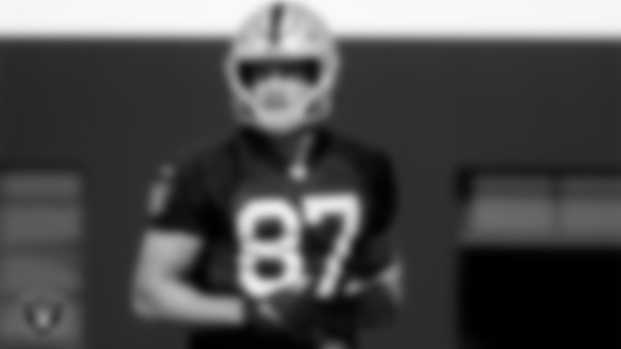 Las Vegas Raiders tight end Foster Moreau (87) during practice at Intermountain Healthcare Performance Center.