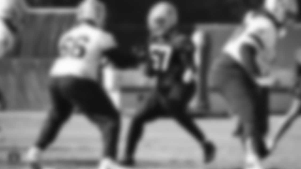 Raiders defensive end Kendall Donnerson (57) defends during practice.