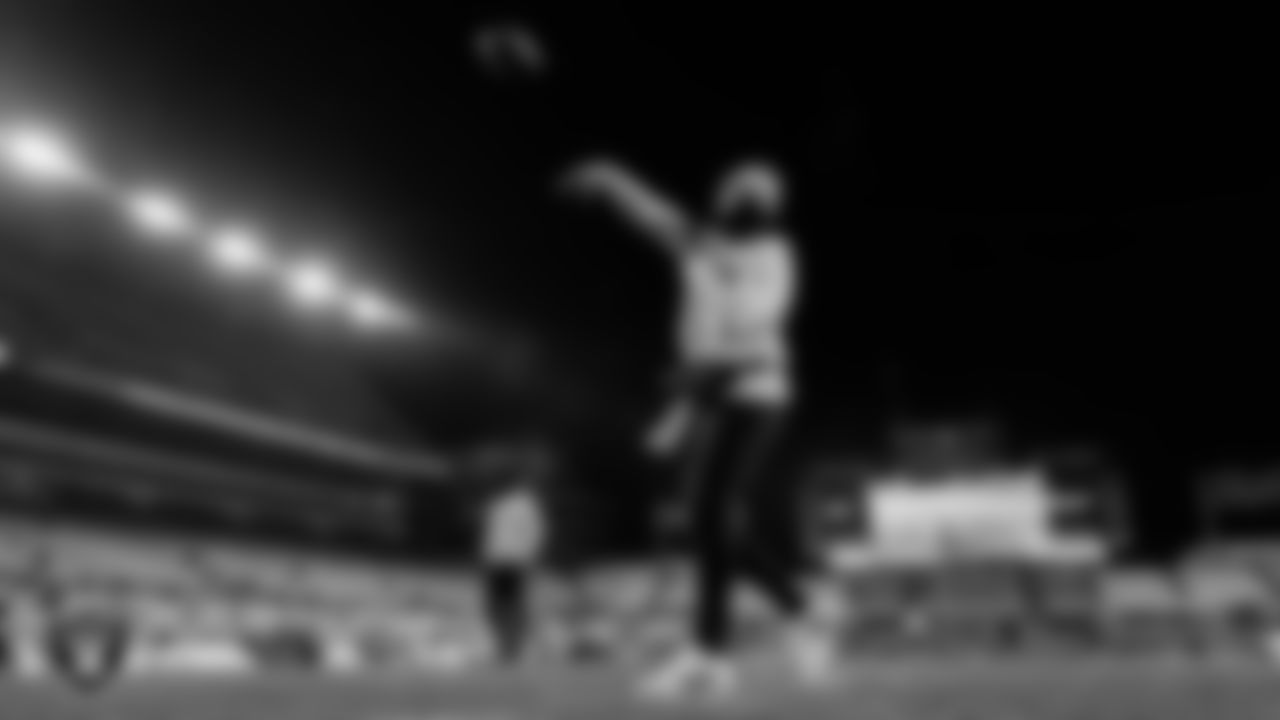 Las Vegas Raiders quarterback Jarrett Stidham (3) warming up before the regular season away game against the Pittsburgh Steelers at Acrisure Stadium.