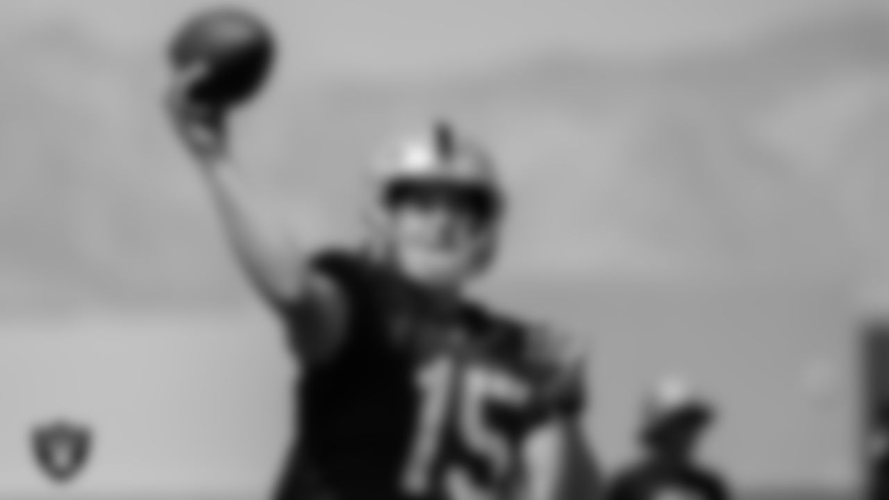 Las Vegas Raiders quarterback Chase Garbers (15) during practice at Intermountain Healthcare Performance Center.