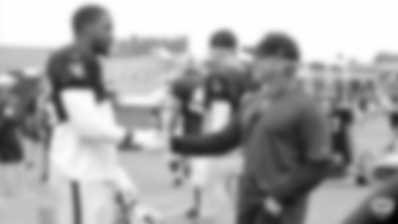 Raiders defensive end Clelin Ferrell (96) and Head Coach Jon Gruden on the field for a joint practice with the Los Angeles Rams at 2019 Training Camp.