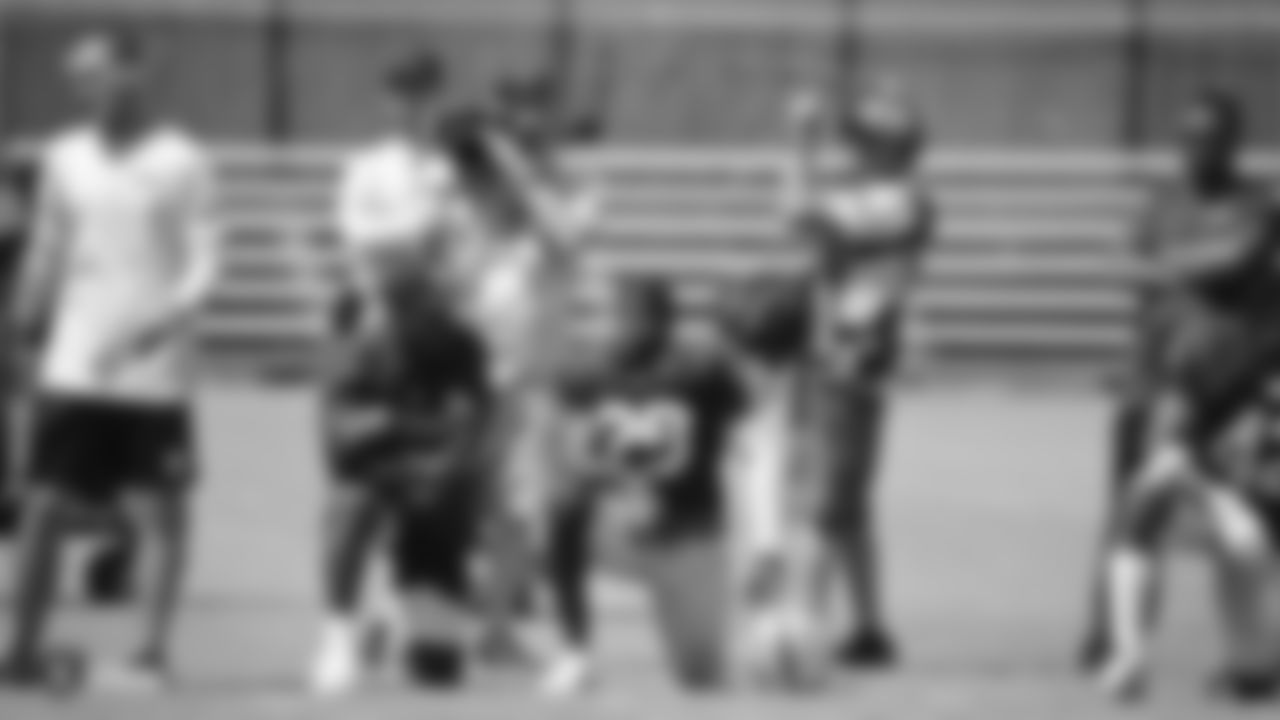 Raiders wide receiver Antonio Brown (84) and safety Lamarcus Joyner (29) on the field for practice at 2019 Training Camp.