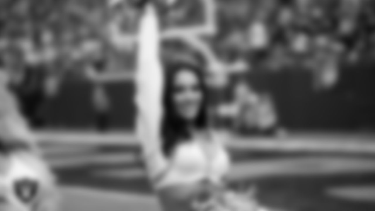 Raiderette Kylie on the sidelines during the regular season home game against the Los Angeles Chargers at Allegiant Stadium.