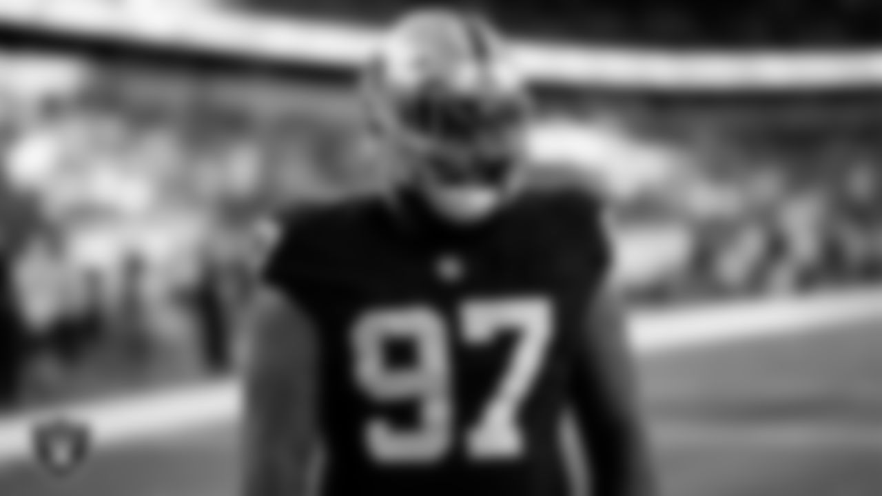 Las Vegas Raiders defensive tackle Nesta Jade Silvera (97) warming up before the preseason away game against the Dallas Cowboys at AT&T Stadium.