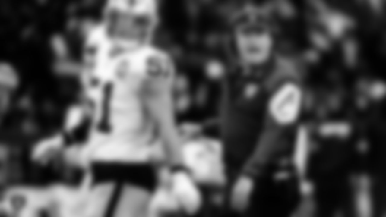 Raiders Head Coach Jon Gruden with linebacker Will Compton (51) during the regular season game against the Los Angeles Chargers.