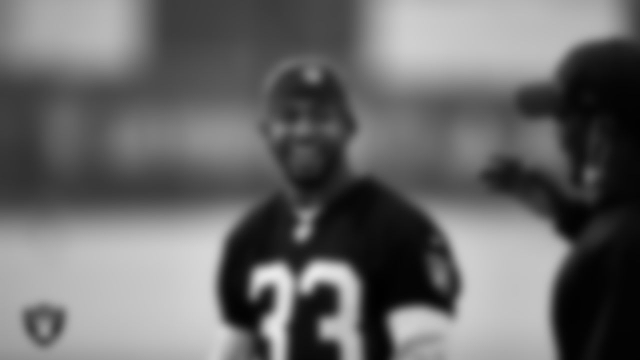 Las Vegas Raiders safety Roderic Teamer (33) during practice at Intermountain Healthcare Performance Center.