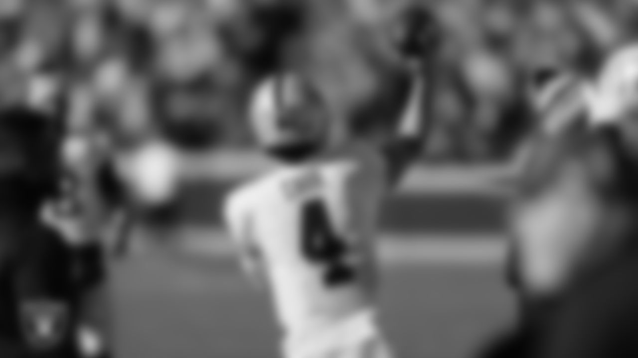 Las Vegas Raiders quarterback Derek Carr (4) on the sidelines during the regular season away game against the Kansas City Chiefs.