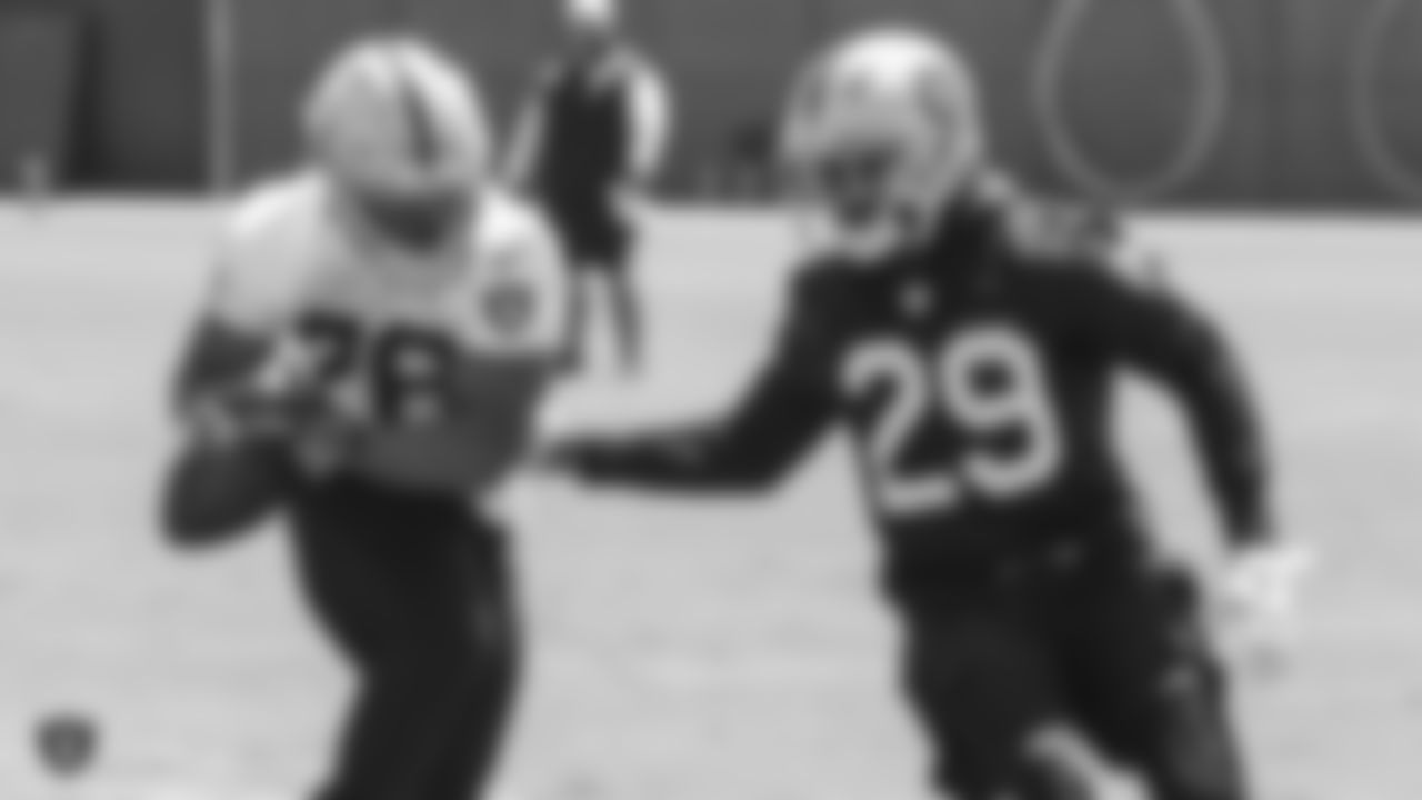 Oakland Raiders running back Doug Martin (28) and cornerback Leon Hall (29) at an Organized Team Activity (OTA) at the Oakland Raiders Practice Facility, Tuesday, June 5, 2018, in Alameda, California.
