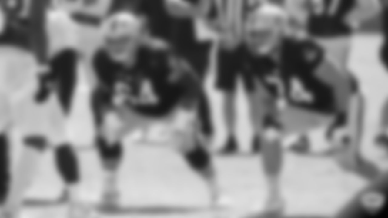 Raiders guard Richie Incognito (64) and tackle Kolton Miller (74) on the field for a joint practice with the Los Angeles Rams at 2019 Training Camp.