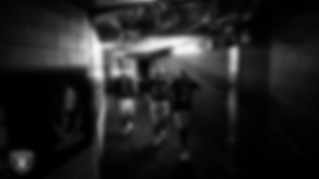 Las Vegas Raiders punter AJ Cole (6), long snapper Trent Sieg (47) and kicker Daniel Carlson (2) walk down the tunnel before the regular season home game against the Miami Dolphins.